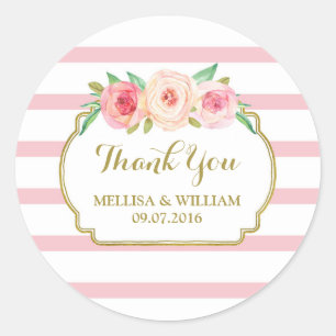 Adesivo Redondo Tag florais cor-de-rosa Dourados do favor do
