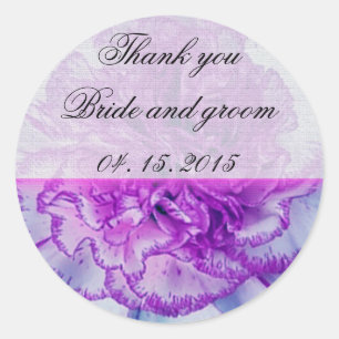 Adesivo Redondo Tag roxo e branco do favor do casamento do cravo