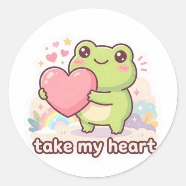 Adesivo Redondo Take My Heart Frog Sticker Cute Frog Giving Heart  (Frente)