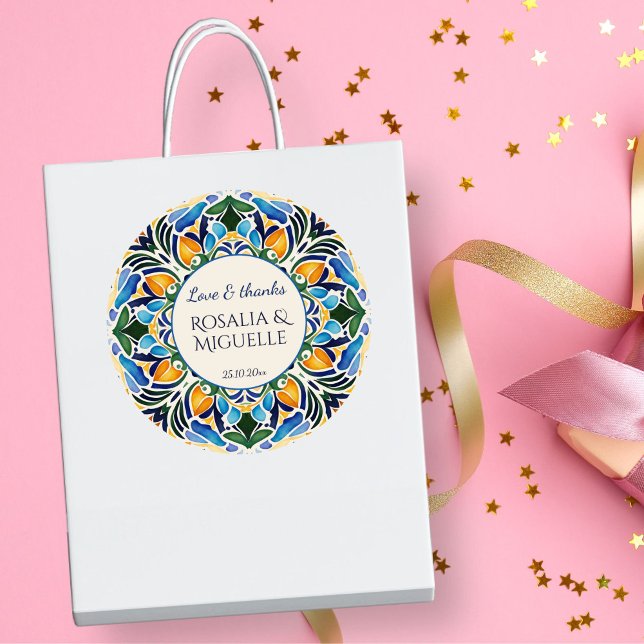 Adesivo Redondo Talavera azulejo Blue Vintage (Talavera azulejo blue vintage Mexican wedding thank you favor favor Stickers)