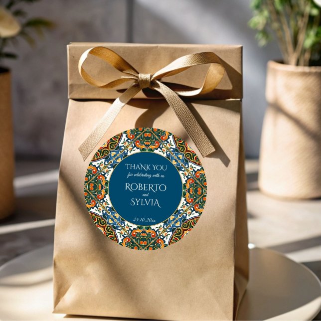 Adesivo Redondo Talavera mexicana, um favor de casamento elegante (Mexican Talavera teal elegant wedding thank you favor Sticker template vintage Mexican wedding favor)