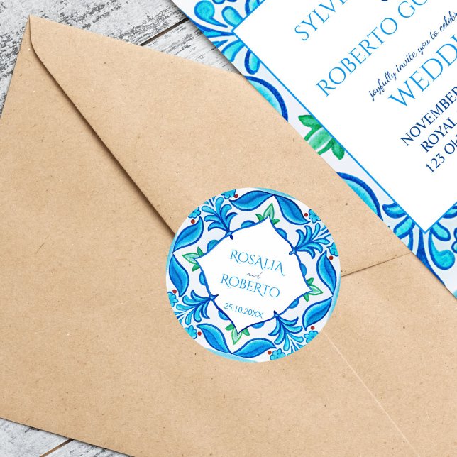 Adesivo Redondo Talavera, noiva mexicana e nomes de noivas (Teal blue Mexican Talavera wedding bride and groom names Sticker monogrammed envelope stickers)