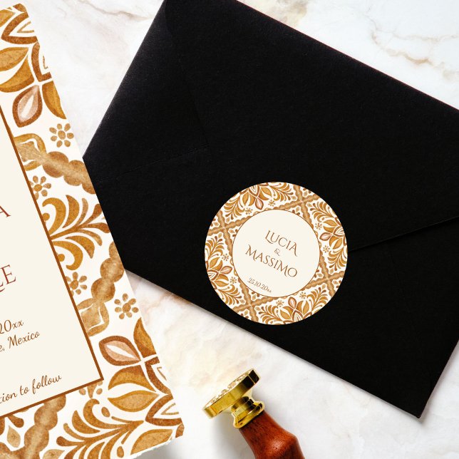 Adesivo Redondo Talavera terracotta vintage casamento mexicano (Talavera terracotta vintage Mexican wedding Sticker template bride and groom names envelope stickers)