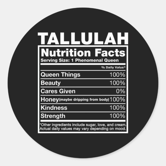 Adesivo Redondo Tallulah Nutrition Facts Tallulah Name (Frente)