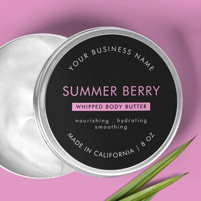 Adesivo Redondo Tampa Cosmética da Manteiga Preta e Rosa Moderna (Modern Black & Pink Body Butter Cosmetic Jar Lid Classic Round Sticker)