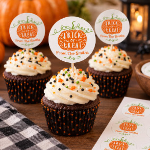 Adesivo Redondo Tampa de Cupcake de Abóbora Laranja Verde de Hallo