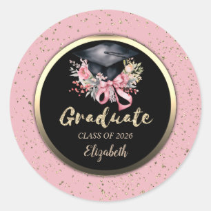 Adesivo Redondo Tampa de Graduacao Floral Laco Rosa Confeite