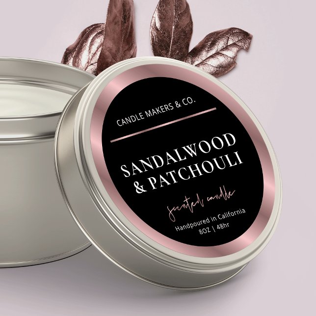 Adesivo Redondo Tampa de Vela Dourada e Negra Moderna (Black and rose gold round product stickers for candle tin or jar lids)