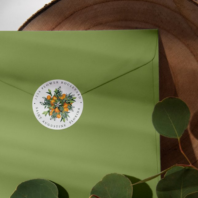 Adesivo Redondo Tangerine Orange | Chic Botanical Return address (Criador carregado)