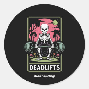 Adesivo Redondo Tarot Card Deadlifos Funny Skeleton Workout Design