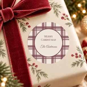 Adesivo Redondo Tartan de Natal em Creme Borgonha