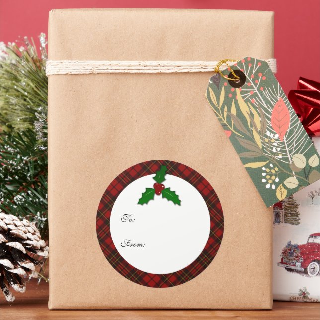 Adesivo Redondo Tartan de Natal Vermelho Holly twig seu texto Etiq (Feriado)