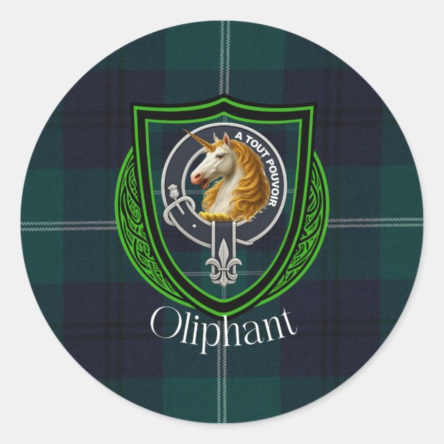 Adesivo Redondo Tartan e Brasão do Clã Escocês Oliphant (Frente)