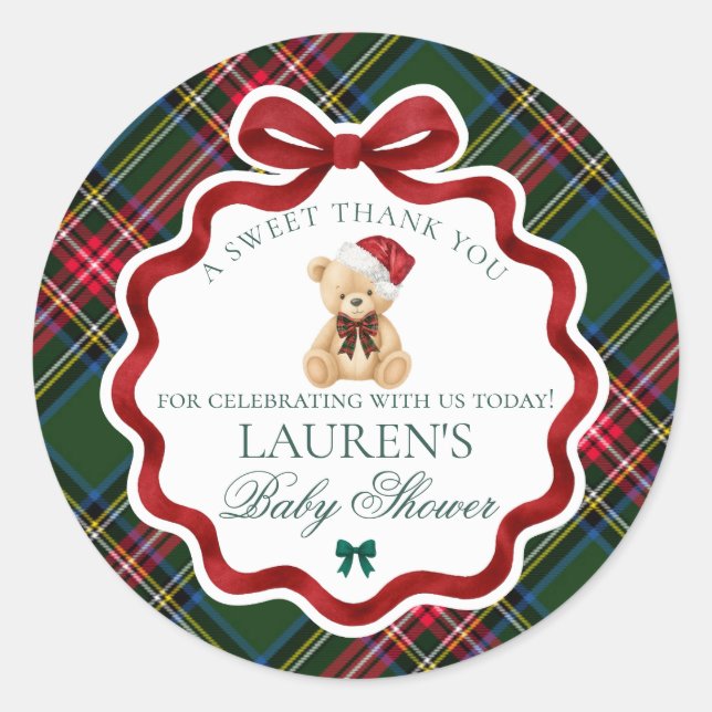 Adesivo Redondo Tartan Plaid Christmas Bear Baby Shower Favor (Frente)