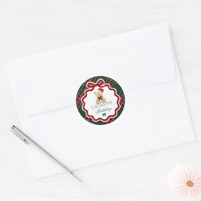 Adesivo Redondo Tartan Plaid Christmas Bear Birthday Envelope Seal (Envelope)