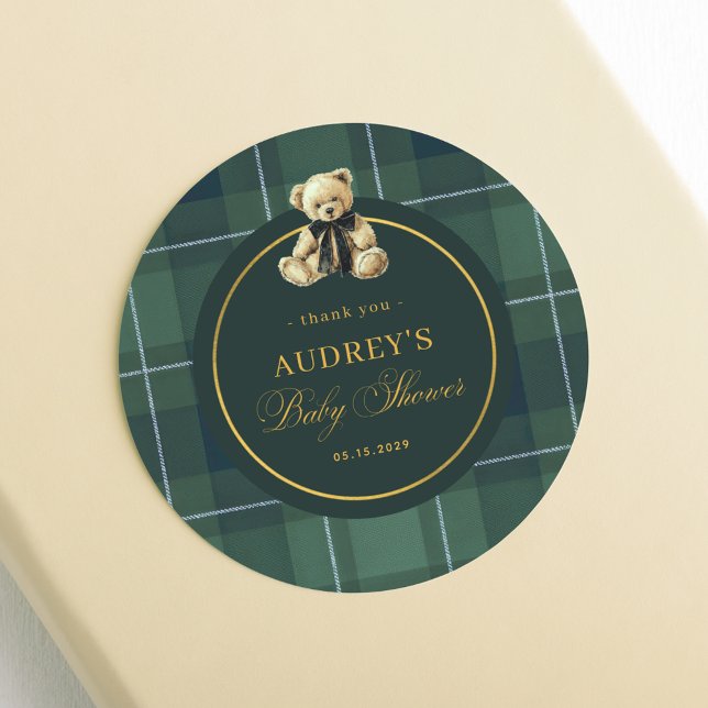 Adesivo Redondo Tartan Polo Plaid Teddy Bear Baby Shower Thank You (Criador carregado)