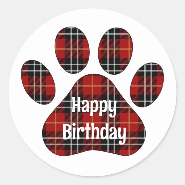 Adesivo Redondo Tartan Xadrez Birthday Pawprint (Frente)