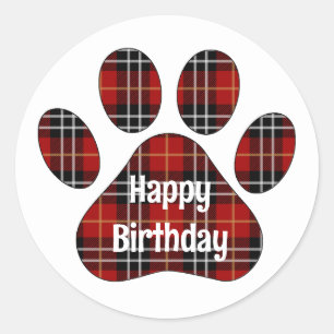 Adesivo Redondo Tartan Xadrez Birthday Pawprint