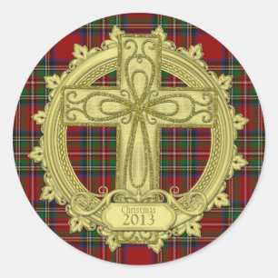 Adesivo Redondo Tartan Xadrez Celtic Cross Christmas Xmas