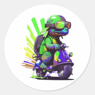 Adesivo Redondo Tartaruga Colorida Engraçada Em Um Patinete