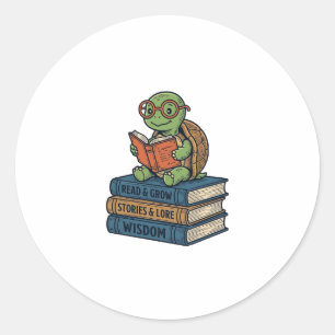 Adesivo Redondo Tartaruga Cute Lendo em Livros Vetor Vintage_1