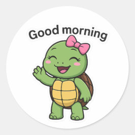 Adesivo Redondo Tartaruga dizendo Bom Dia