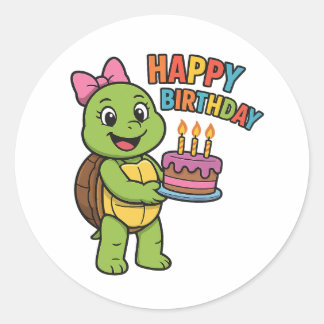 Adesivo Redondo Tartaruga dizendo Feliz Aniversário