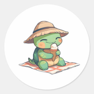 Adesivo Redondo Tartaruga Kawaii Chibi de Chapéu de Palha Comendo 