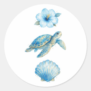 Adesivo Redondo Tartaruga Marinha em Aquarela Azul e Elementos Cos