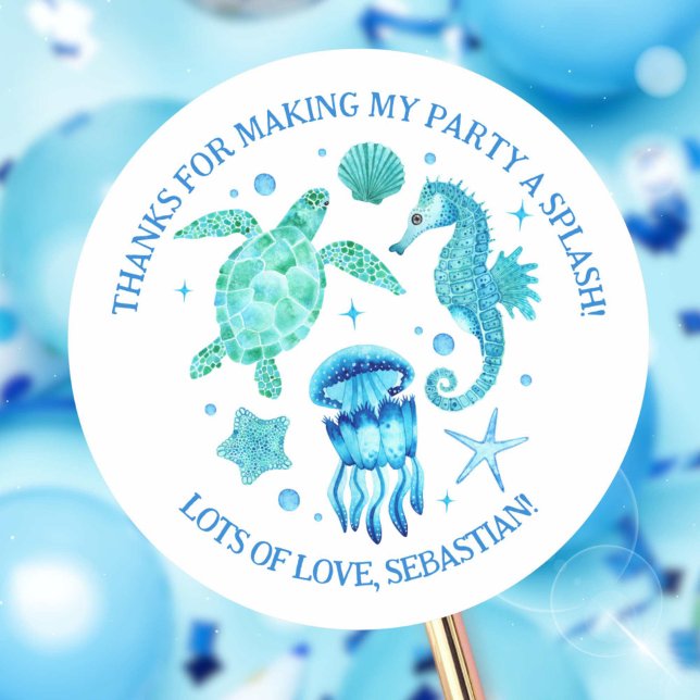Adesivo Redondo Tartaruga marinha, medusa e oceano marinho (Sea Turtle, Jellyfish and Seahorse Ocean Classic Round Sticker)