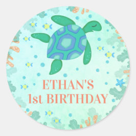 Adesivo Redondo Tartaruga primeiro aniversario Sob O Partido Do Ma