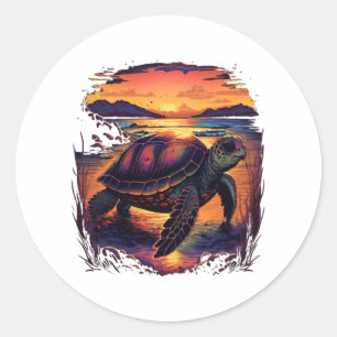 Adesivo Redondo Tartaruga Sea Seashore Praia Tropical Sunset