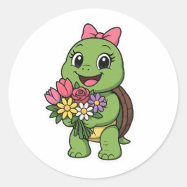 Adesivo Redondo Tartaruga segurando flores