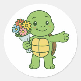 Adesivo Redondo Tartaruga segurando um buquê de flores
