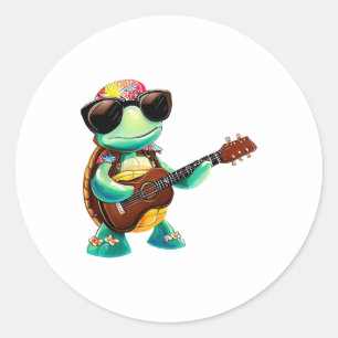 Adesivo Redondo Tartaruga tropical com guitarra