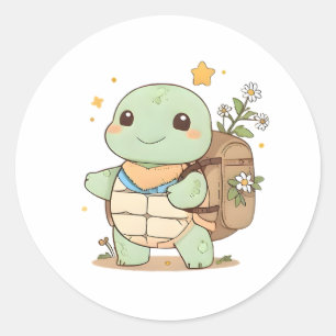 Adesivo Redondo Tartaruga Viajante de Aventura Fofa Design Kawaii