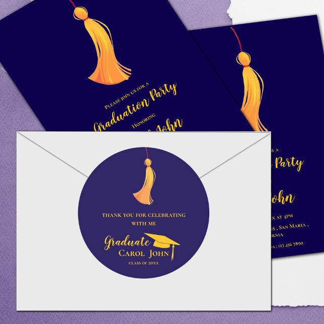 Adesivo Redondo Tassel Dourado Azul 2025 Graduação Obrigado (Blue Gold Tassel 2025 Graduation Thank you Classic Round Sticker)