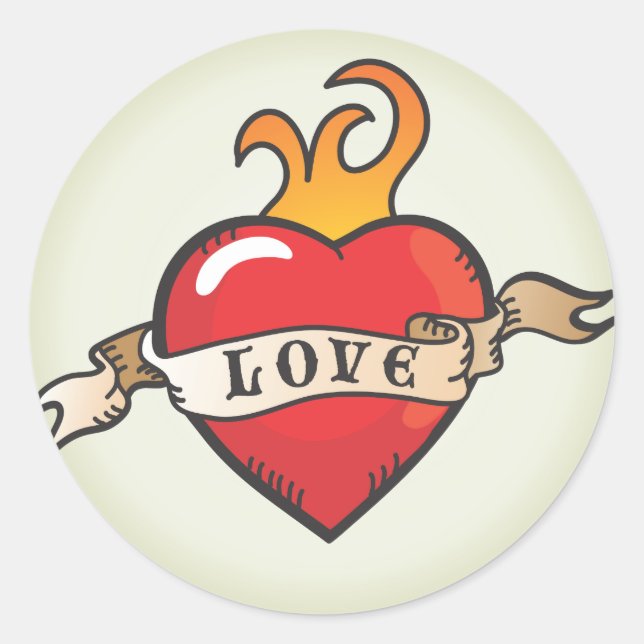 Adesivo Redondo Tattoo Flaming Love Heart Sticker (Frente)