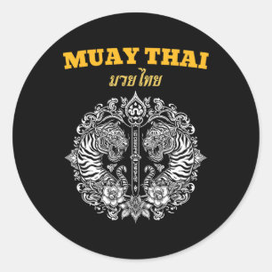 Adesivo Redondo Tatuagem de Arte Muay Thai Sak Yant Tigre Gêmeo Ki