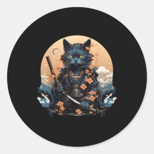 Adesivo Redondo Tatuagem de Camisa de Gato de Samurai Japonês Boni