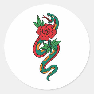 Adesivo Redondo Tatuagem de Cobra Enrolada em torno de uma Rosa Ve