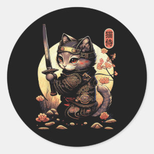 Adesivo Redondo Tatuagem de Gato de Samurai Japonês, Gato de Kawai