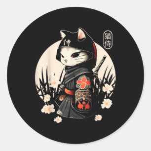 Adesivo Redondo Tatuagem de Gato Samurai Japonês, Kawaii Ninja Cat