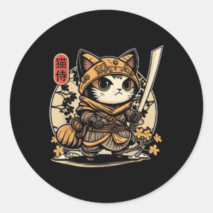 Adesivo Redondo Tatuagem de Gato Samurai Japonês, Kawaii Ninja Cat