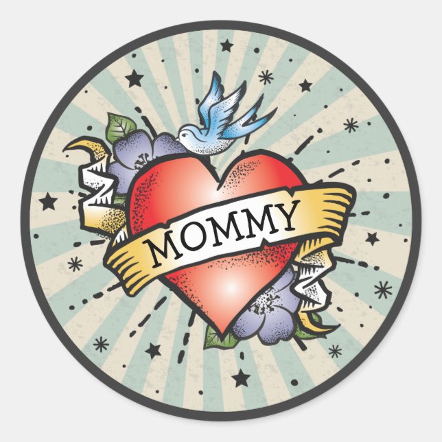 Adesivo Redondo Tatuagem de Rock and Roll Heart (Frente)