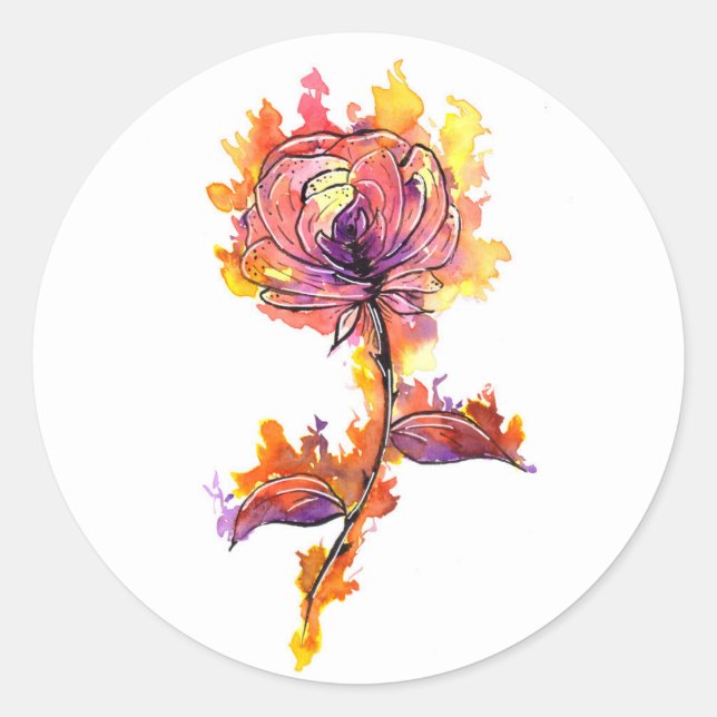 Adesivo Redondo Tatuagem de Rosa em Chamas (Frente)