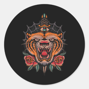 Adesivo Redondo Tatuagem de Tigre Tradicional Americano