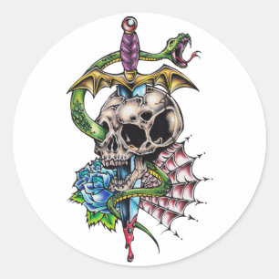 Adesivo Redondo Tatuagem do crânio & do punhal