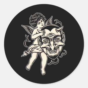 Adesivo Redondo Tatuagem Tradicional De Cherub E Satã