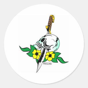 Adesivo Redondo Tatuagem velho de Skool do crânio & do punhal